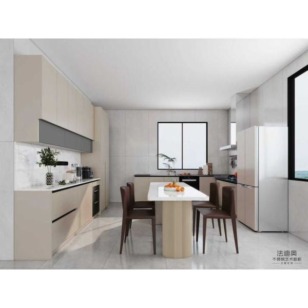 Fadior Full Stainless Steel Custom Kitchen Cabinet - Beige Tones, Open-Concept Layout with Seamless Dining Integration & Durability