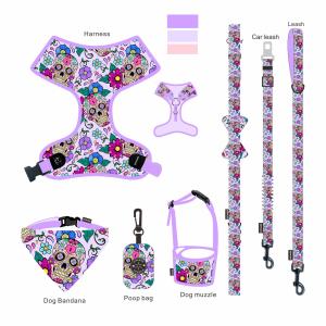 7 Pieces Small Soft Dog Harness M Size Collar Leash Set Ribbon Decoration