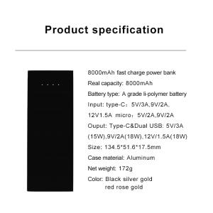 8000mAH New Design Fast Charge Power Bank with Dual USB Port and Type-C Output