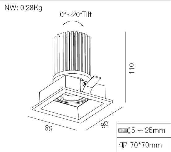 15W 350mA Adjustable LED Recessed Downlight aluminum 3000K 1125 Lumen Square White LED Lights Cut ut 70*70mm/R3B0620