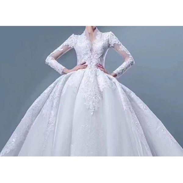 Quality Custom White Ladies Bridal Gown With Sleeves Deep V Neck Buttons Back Style wholesale