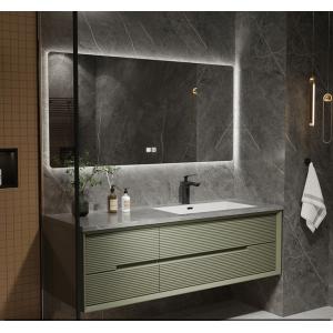 Brown Wash Basin Bathroom Cabinet Matte Melamine Door Rectangular LED Mirror