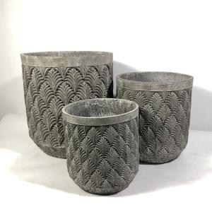 Repetitive Palm Leaf Pattern Grey Round Fiber Cement Planter Durable Low