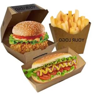 Cheap Custom Eco-Friendly Burger Fry Boxes Biodegradable Kraft Takeaway Packaging with Folders for sale