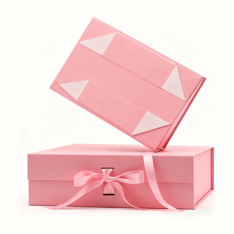 Custom Logo Quality Ribbon Folding Box Pink Black Rectangle Shape Magnetic Art