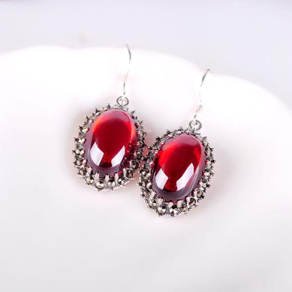Vintage Sterling Silver Oval Red Cubic Zirconia Dangle Earrings (E12034)
