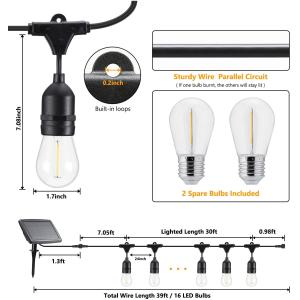 Party 39ft Festoon 16pcs S14 Solar Bulb String Lights
