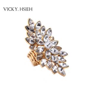Cheap VICKY.HSIEH Gold Tone Crystal Rhinestone Flower Stretch Statement Rings for sale