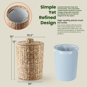 Wicker Waste Basket - Water Hyacinth Bathroom Garbage Can With A Lid - Bathroom