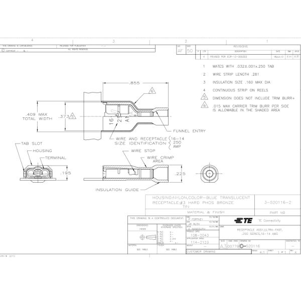 TE Connectivity 3-520116-2 Ultra-Fast 250 Blue Insulated Female Spade Connector Fully Insulated Male and Female Disconnects