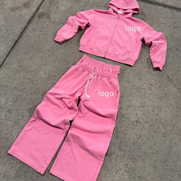 Custom Logo Zip up Hoodie pink Double Waist Sweat Track Baggy Pant Acid Washed