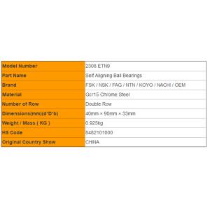 Nylon Cage 2308 ETN9 Self Aligning Ball Bearings Double Row