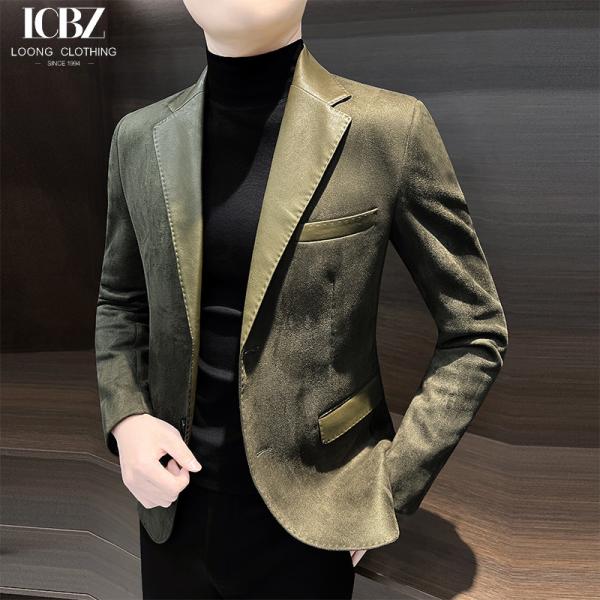 Single Breasted Men's Leather Jacket End Splicing Design Casual Small Suit for