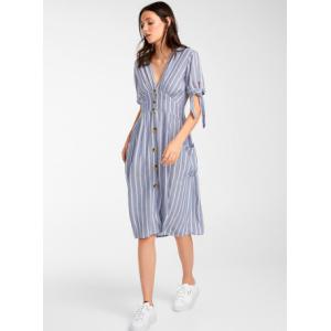 V Neck Light Color Custom Womens Dresses Striped With Single Breasted Buttons