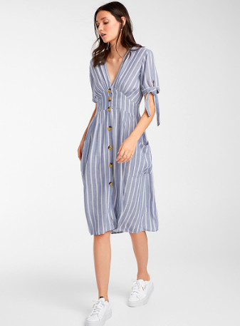 Quality V Neck Light Color Custom Womens Dresses Striped With Single Breasted Buttons wholesale