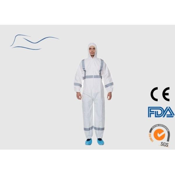 Quality SMS Disposable Protective Suit , White Disposable Coveralls With Reflective Tape wholesale