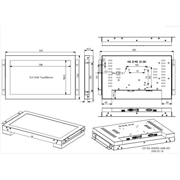 Vandalproof glass Saw Touch Screen Monitor 13.3inch dust proof