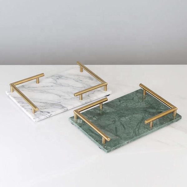 Quality Honed Marble Rectangular Tray With Gold Metal Handle wholesale