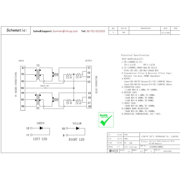 Vertical RJ45 Jack J1AT11ZCC2 10 / 100Base-T Ethernet LPJD0012BHNL TDM modem