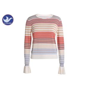 China Young Girl Trumpet Cuff Womens Knit Pullover Sweater Multi Color Stripes Apparel on sale