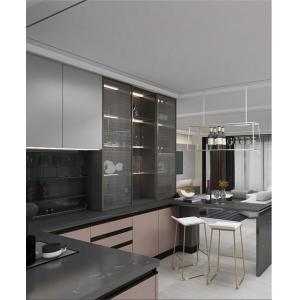L shape Modern Modular Kitchen cabinet in Lacquer paiting finished quartz stone