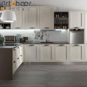 China Minimalist Design Wood Kitchen Cabinet with Half Bullnose and Light Grey Cupboard on sale
