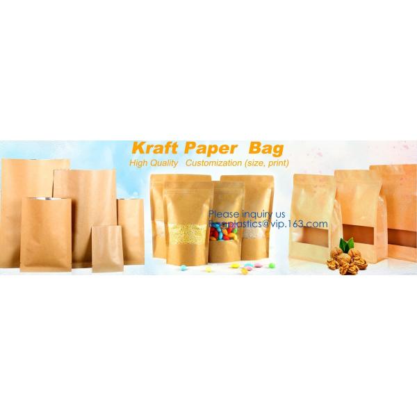Natural Kraft Paper Flat Bottom Standup Pouch / Food Packaging Bags With Window,Foil Lined Standup Kraft Paper Envelopes