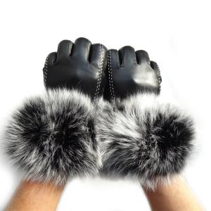 Touch Screen Sheep Womens Soft Leather Gloves With Fluffy Fox Fur Trim Cuff