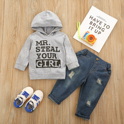 Quality 130CM Boys 6 Years Outfit Sets Black Hooded Jacket Dark Blue Ripped Jeans wholesale