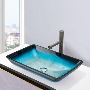 Gradient Blue Tempered Bath Wash Basins Glass Bowl Rectangular Table Top Solid