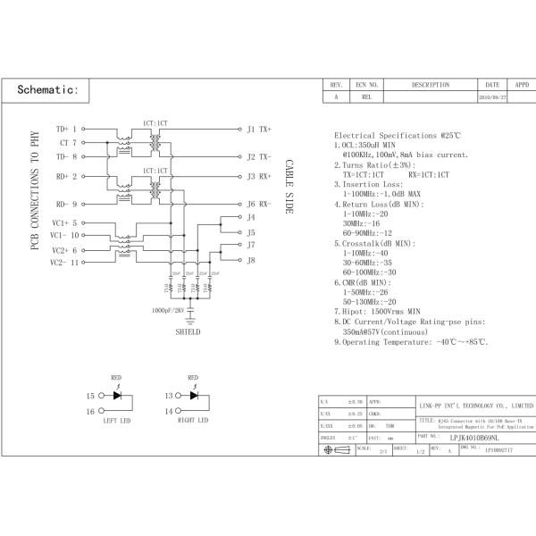 Ethernet Cable RJ45 Connectors 10 / 100Base-T LPJK4010B69NL Flip Chip