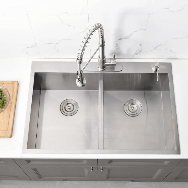 Quality 33X22 Inch 2 Bowl Top Mount Stainless Steel Kitchen Sink PVD Brushed Surface wholesale
