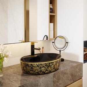 Luxury Oval Freestanding Vanity Basin Black Gold Color With Faucet