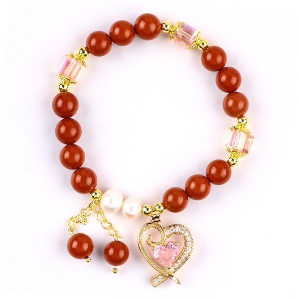 Natural Genuine 8MM Red Jasper Fresh Water Pearl Pink Heart Charm Smooth Round