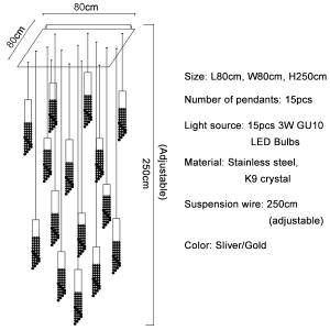 Modern chrome crystal ceiling chandelier for dining room long loft staircase