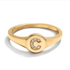 China Customizable Letter Initial Signet Ring 18K Gold Plated 925 Silver CZ Classic Design on sale