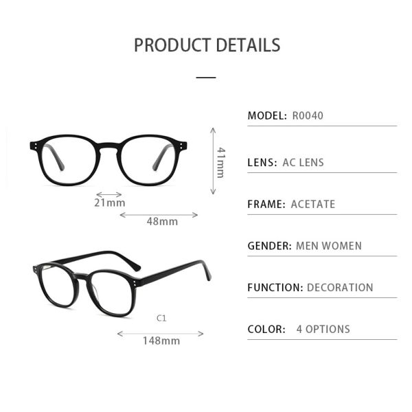 Black Tortoiseshell Acetate Frame Glasses Optical Round Glossy Black