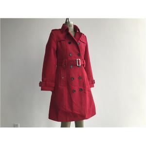 Red Ladies Wool Coat , Melton Trench Coat With Self Fabric Belt / Contrast