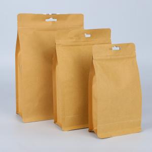 China China Stock Quad Seal Brown Flat Bottom Stand Up Doypack Kraft Paper Food Zipper Pouch Bag on sale