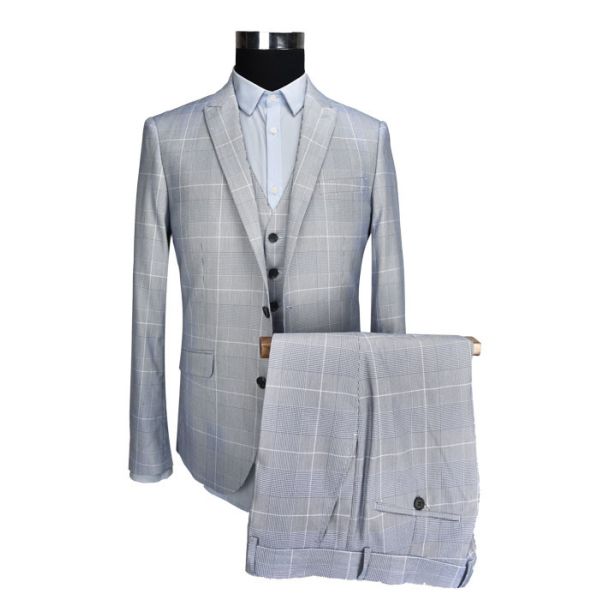 Quality Slim Fit Mens 3 Pieces Suit Business Formal Light Grey Check Color SGS Certification wholesale
