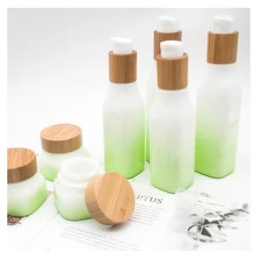 Green Gradient OPAL Glass Bottle With Wood Lid Cap Cosmetic Lotion Container