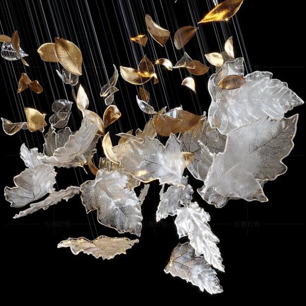 Hotel Lobby Maple Leaf Chandelier Engineered Custom Lighting Fixtures With Glass Hangings