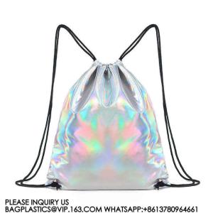 Metallic Backpack, Soft Iridescent PU Drawstring Backpack Silver PU Drawstring