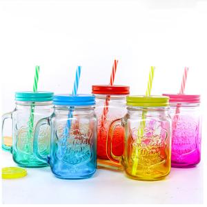 Custom Design Logo embossed colored juice drink glass mason jar with handle and