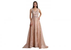 China Sequined Ball Gown Ladies Sleeveless Evening Dress Backless V Neck Design on sale