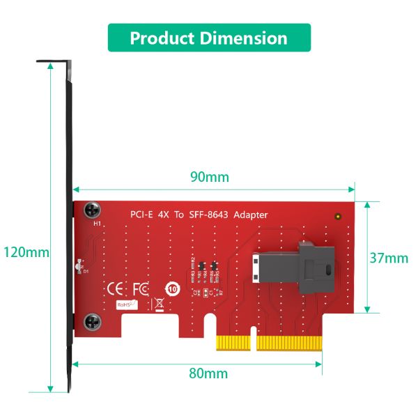 SFF-8643 to PCIe 4X Adapter Card 110x22mm Black