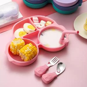 Portable Silicone Suction Food Storage Container MHC Kids Baby Plate With Straw
