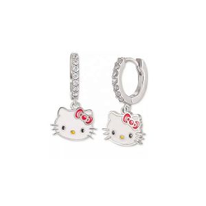 Rhodium Plated Hello Kitty Dangle Hoop Earrings in Sterling Silver with CZ and