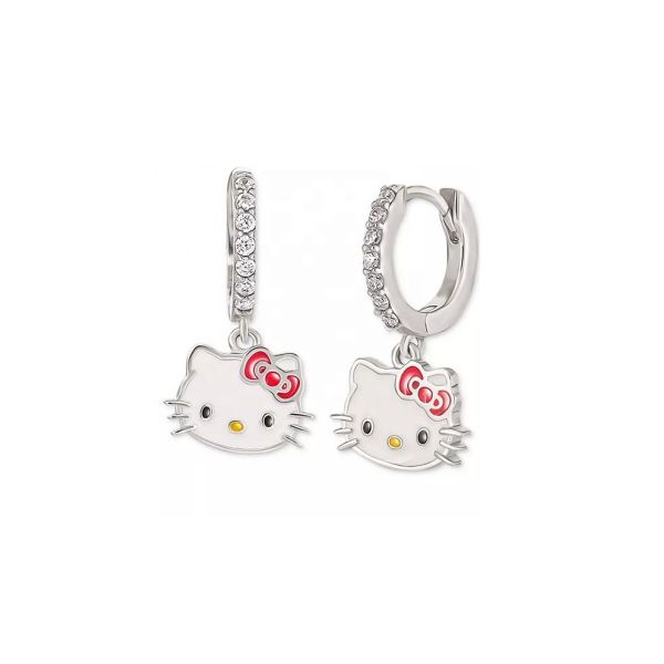 Rhodium Plated Hello Kitty Dangle Hoop Earrings in Sterling Silver with CZ and