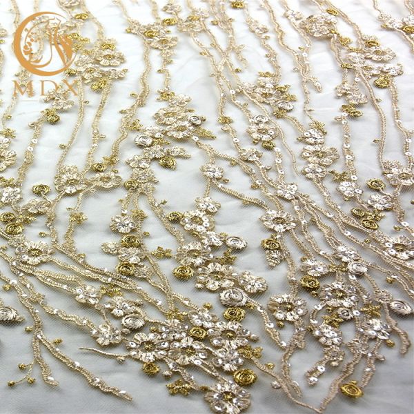 Gold 140cm Width Machine Embroidery Lace Customized Lace Fabric For Dresses